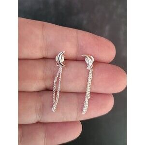 Crescent Moon 925 Sterling Silver Pierced Dangling Earrings Vintage